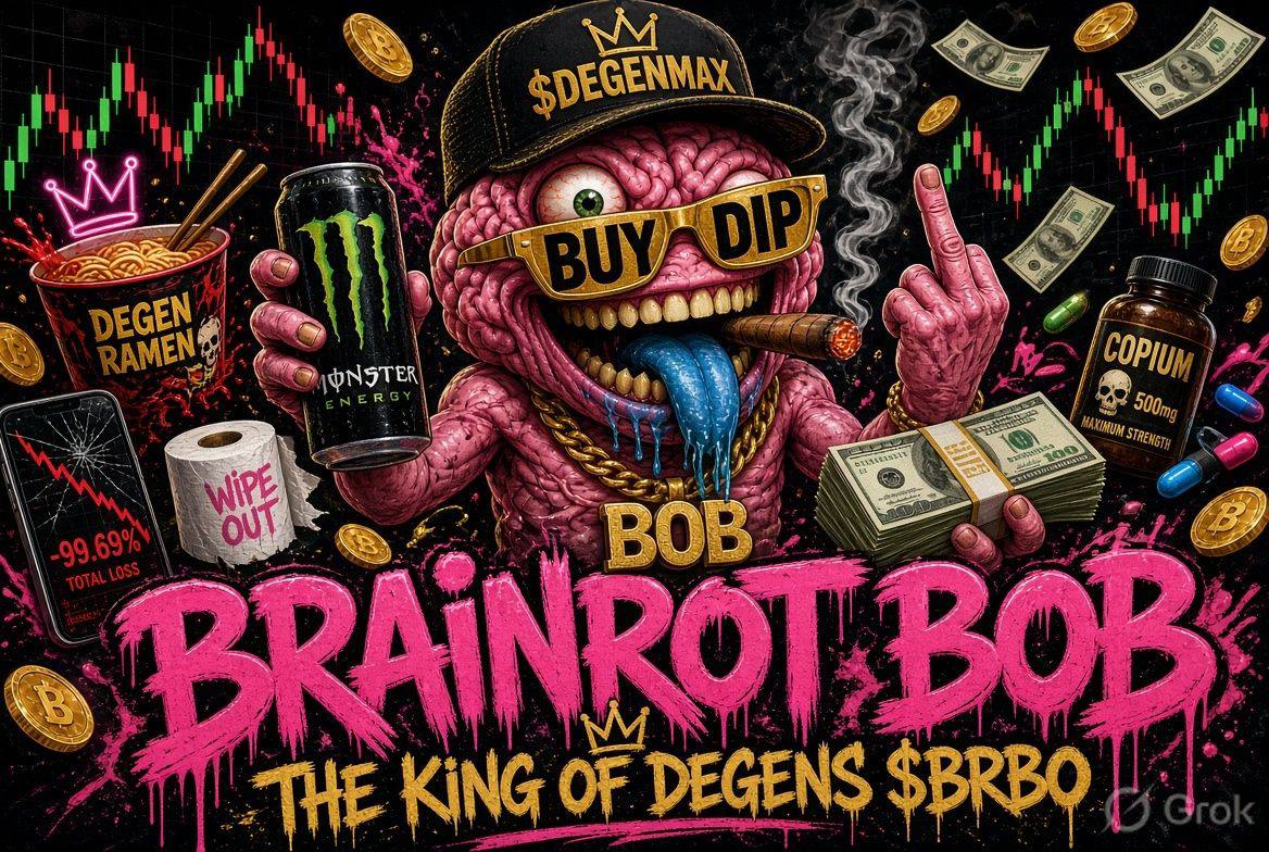 Brainrot Bob, a pink brain character with a $DEGENMAX cap, BUY DIP glasses and a cigar